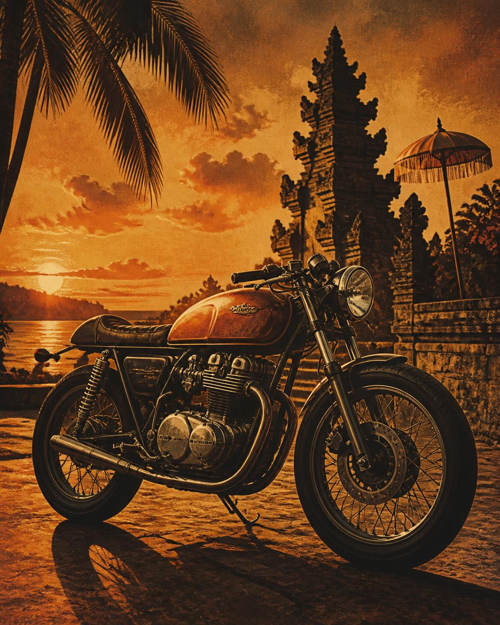 Classic cafe racer motorcycle at a Bali temple during sunset